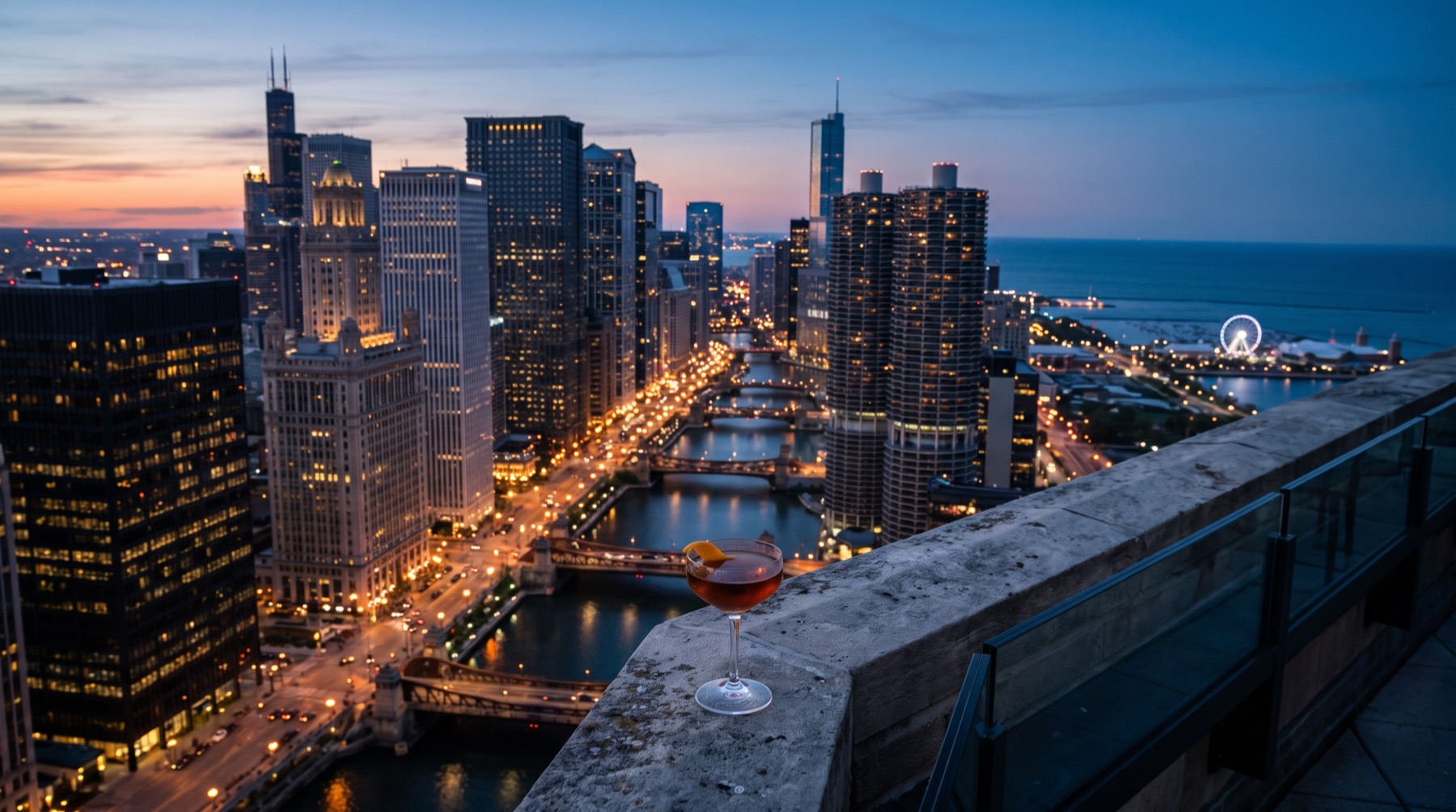 View from a rooftop terrace over Chicago at dusk (AI image)