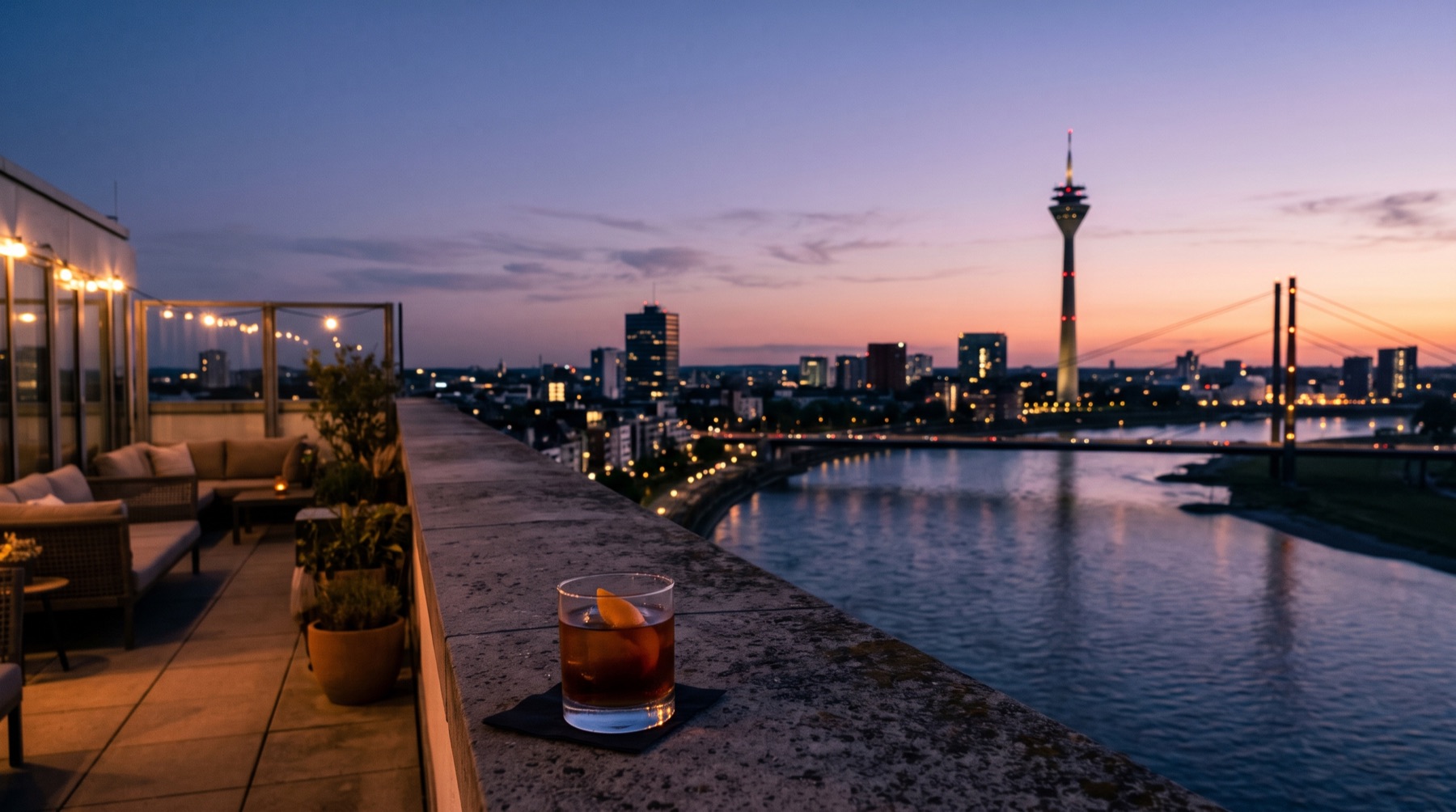 Blick von einer Dachterrasse über Düsseldorf am Abend (Bild mit KI erstellt)