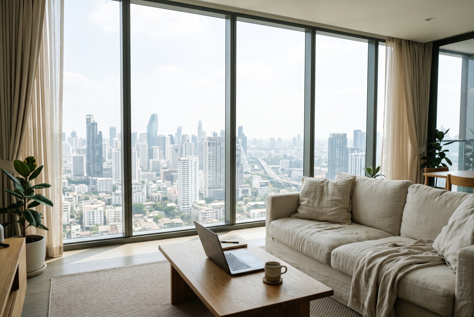 Helles Apartment hoch über Bangkok mit Laptop auf dem Tisch (Bild mit KI erstellt)