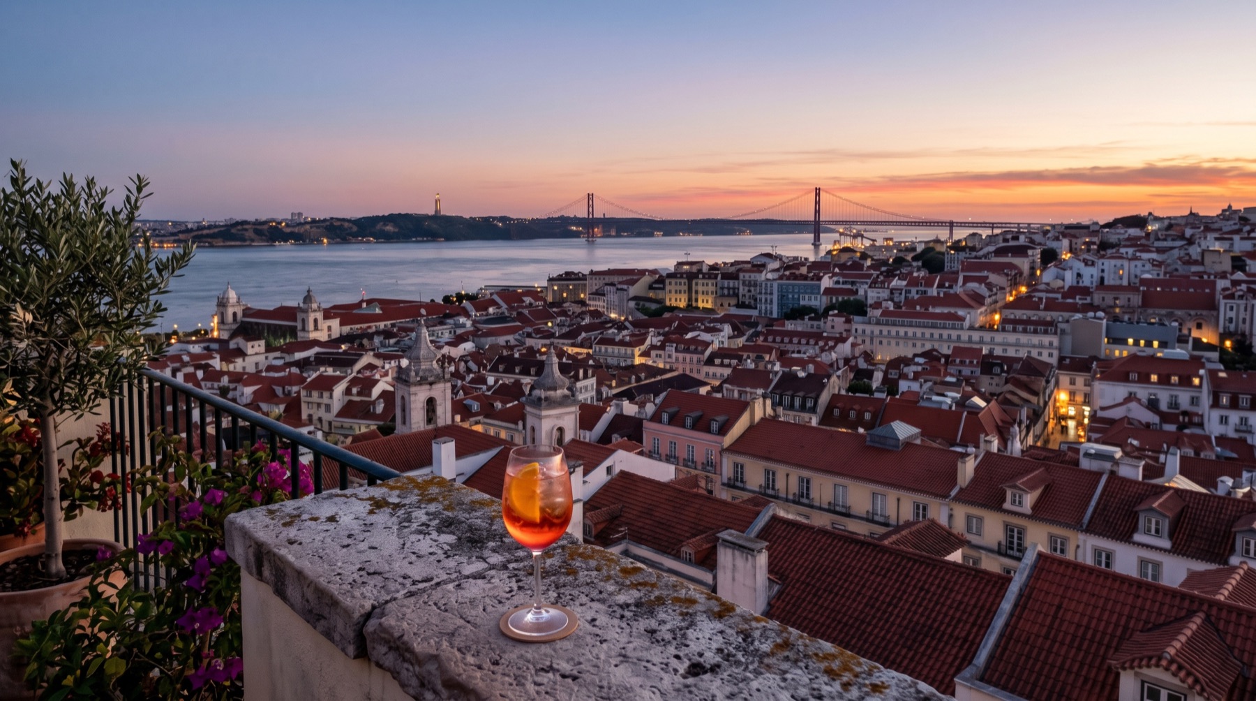Blick von einer Dachterrasse über Lissabon am Abend (Bild mit KI erstellt)
