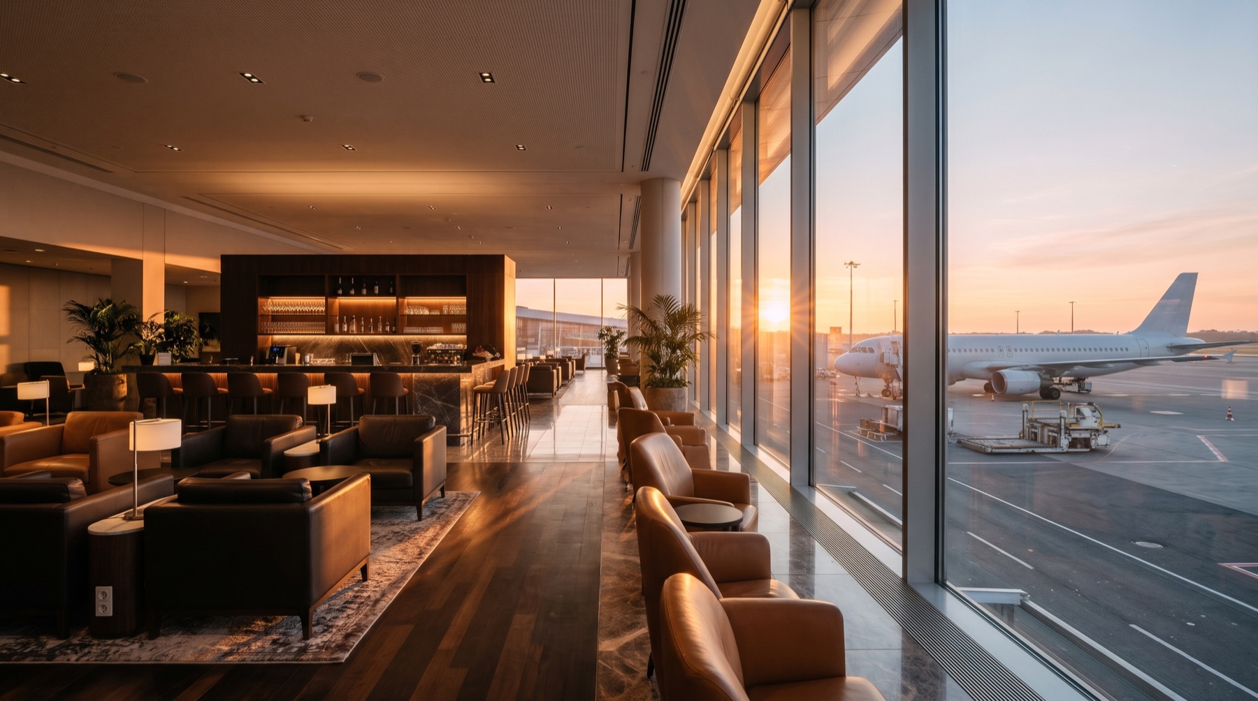 Leere Flughafen-Lounge bei Sonnenaufgang mit Flugzeug vor dem Fenster (Bild mit KI erstellt)