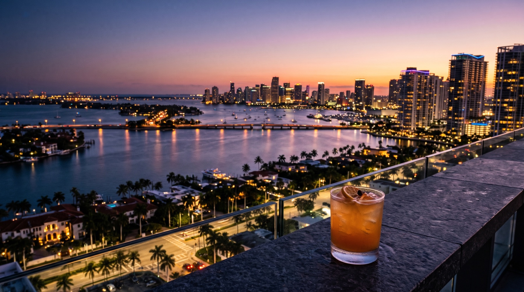 View from a rooftop terrace over Miami at dusk (AI image)